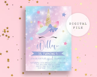 Personalised Unicorn Invitation - DIGITAL Invite - Unicorn Party Download - Galaxy Unicorn Party Invitation - Girls Birthday Party Invite