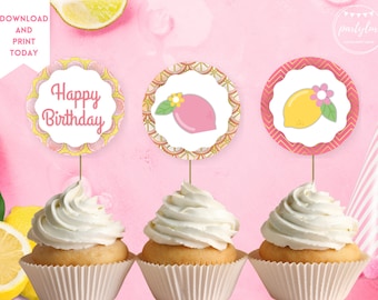 Pink Lemonade Party, Pink Lemonade Cupcake Toppers, Printable Pink Lemonade Cupcake Toppers, Pink Lemonade Birthday Party, Pink Lemonade