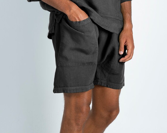 Linen black shorts. AMMOS SHORTS. Anthracite Black pure linen HAREM Shorts for men. Simple, trendy, comfortable, quality soft linen.