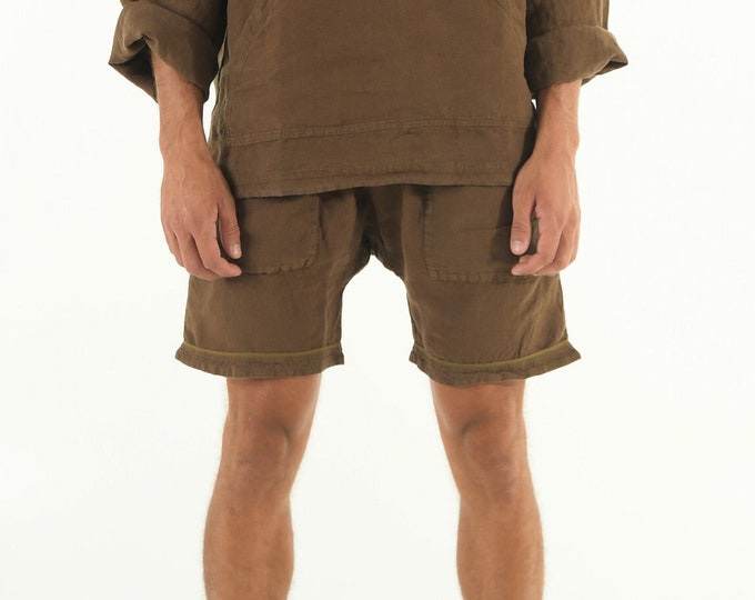 Linen Men's Shorts. AMMOS vermuda. Cocoa BROWN pure linen HAREM Shorts for men. Simple, trendy, comfortable, quality soft linen.