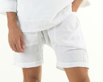 Linen Men's Shorts. AMMOS SHORTS. White pure linen HAREM Shorts for men. Simple, trendy, comfortable, quality soft linen.