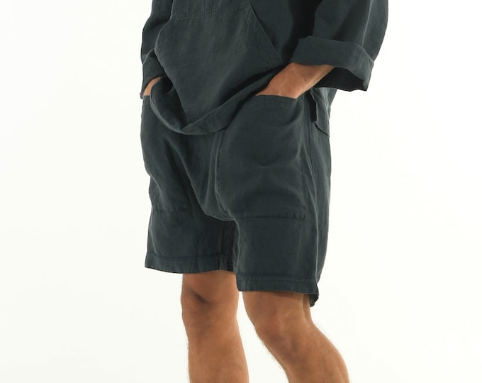 Linen black shorts. AMMOS SHORTS. Anthracite Black pure linen HAREM Shorts for men. Simple, trendy, comfortable, quality soft linen.
