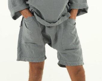 Linen Grey Shorts. AMMOS SHORTS. Sage Grey pure linen HAREM Shorts for men. Simple, trendy, comfortable, quality soft linen.