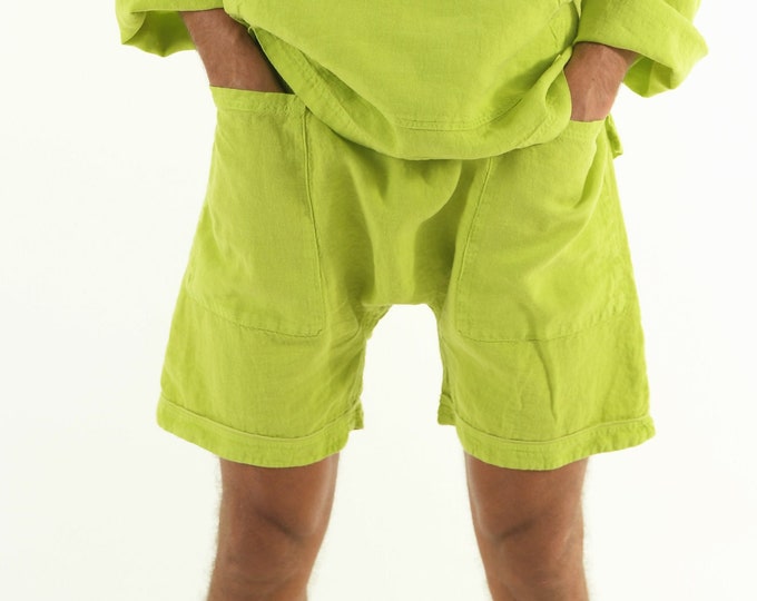 Linen Men's Shorts. AMMOS vermuda. Lime GREEN pure linen HAREM Shorts for men. Simple, trendy, comfortable, quality soft linen.