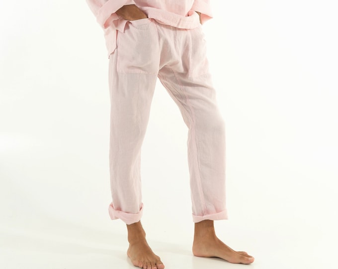Linen Pants For Men with Pockets ROSE PINK Long Loose Fit Elastic Waist Comfortable Casual Loungewear Summer Beach Vacation Pants