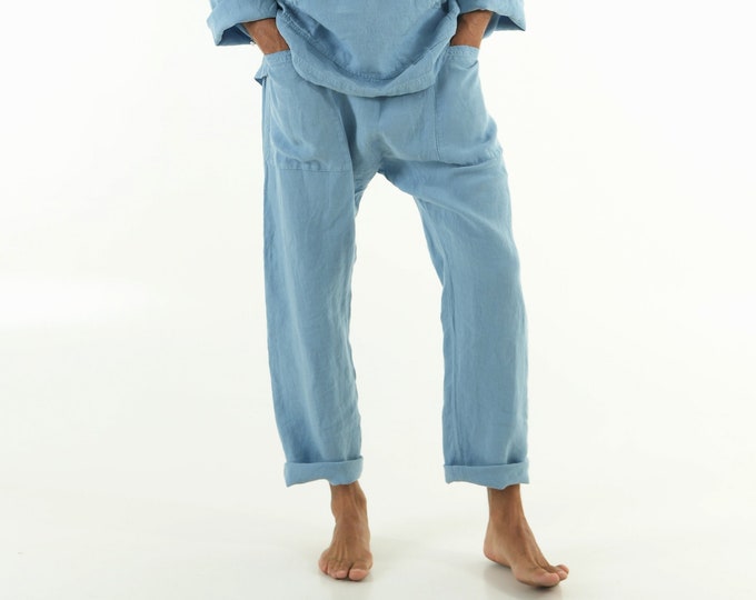 Linen Pants For Men with Pockets GLACIER BLUE Long Loose Fit Elastic Waist Comfortable Casual Loungewear Summer Beach Vacation Pants
