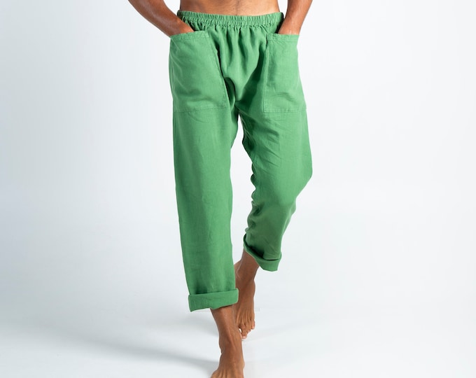 Linen Pants For Men with Pockets ROMAN GREEN Long Loose Fit Elastic Waist Comfortable Casual Loungewear Summer Beach Vacation Pants