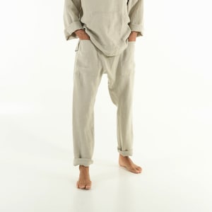 Linen Pants For Men with Pockets NATURAL BEIGE Long Loose Fit Elastic Waist Comfortable Casual Loungewear Summer Beach Vacation Pants