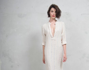 EMMA latte striped woven linen with pattern. ONE SIZE. Quality linen shirtdress. *Lux collection*