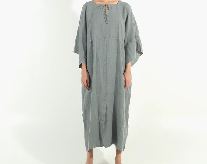 Soft Linen Dress/caftan MYSTIQUE Sage GREY pure linen caftan. Oversized loose fit. ONESIZE. Simple, contemporary, comfortable.