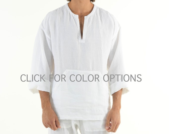 Linen Shirt For Men with Kangaroo Pockets Long Sleeve Relaxed Fit Classic Summer Wear T-shirt Hippie Boho Beach Wear. PETRA TOP