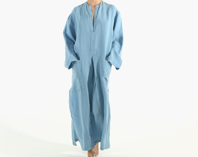 Linen Tunic Dress for Women GLACIER BLUE Vegan Lightweight Summer Outfit Loose Fit Versatile Beach Cover Up Spa Robe with Pockets