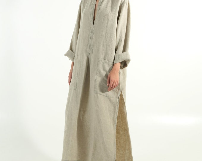 Linen clothing SPA woman. NATURAL beige soft linen caftan.Loose fit dress for women.