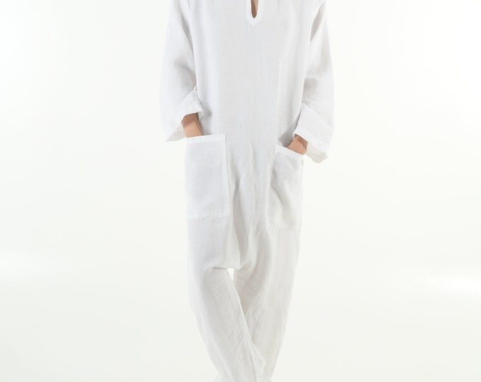 Womens linen clothing white. KYOTO.  Bright WHITE linen overall. Front pockets. OVERSIZED