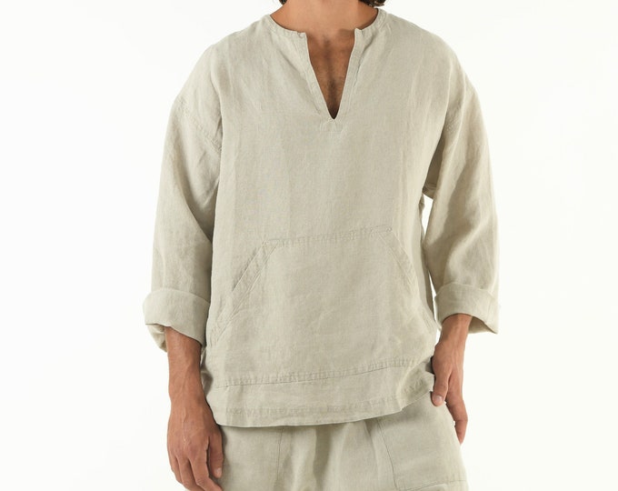Linen Shirt For Men with Kangaroo Pockets NATURAL BEIGE Long Sleeve Relaxed Fit Classic Summer Wear T-shirt Hippie Boho Beach Wear