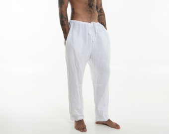 Snow White Linen Men's Pants | Tailored Fit Casual Trousers for Versatile Comfort | Takiyu Loungewear TAKIYU MAN PANTS