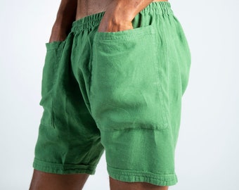 Linen Men's Shorts. AMMOS SHORTS. Roman Green pure linen HAREM Shorts for men. Simple, trendy, comfortable, quality soft linen.