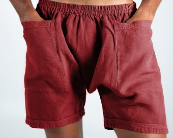 Linen Red Shorts. AMMOS SHORTS. Ancient Red pure linen HAREM Shorts for men. Simple, trendy, comfortable, quality soft linen.