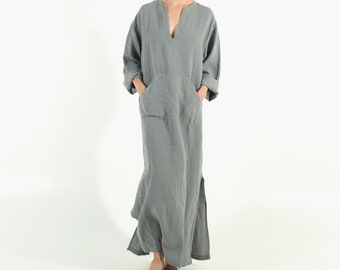 Linen caftan/dress for woman.JEFF caftan. Sage GREY. Soft linen kaftan for women with front pocket. Unique, simple, comfortable.