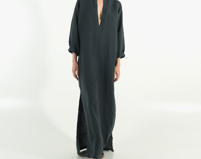 Long Linen Dress EMMA. Anthracite BLACK long linen shirtdress. Simple, elegant, cool caftan.