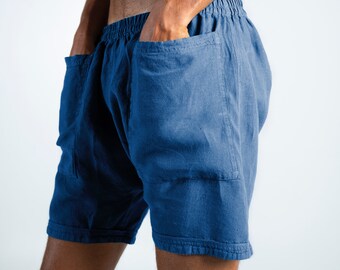 Linen Men's Shorts. AMMOS SHORTS. Blue pure linen HAREM Shorts for men. Simple, trendy, comfortable, quality soft linen.