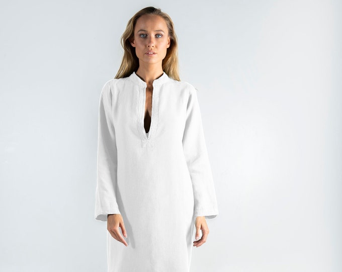 Long Linen Dress EMMA. Bright WHITE long linen shirtdress. Simple, elegant, cool caftan.