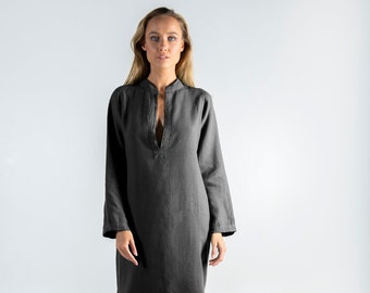 Long Linen Dress EMMA. Anthracite BLACK long linen shirtdress. Simple, elegant, cool caftan.