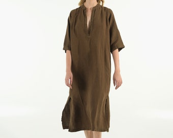 Classic Linen Dress COCOA BROWN Mid Length Half Sleeve Stylish Elegant Minimal Summer Work Casual Outfit Vegan Clothing Her