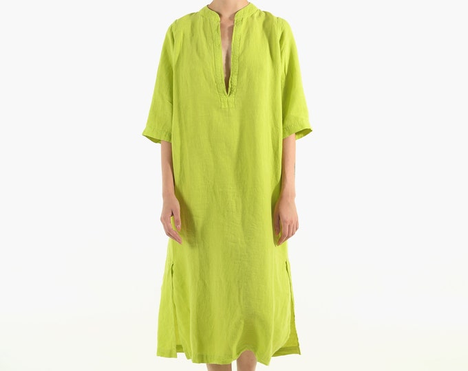 Classic Linen Dress LIME GREEN Mid Length Half Sleeve Stylish Elegant Minimal Summer Work Casual Outfit Vegan Clothing Her