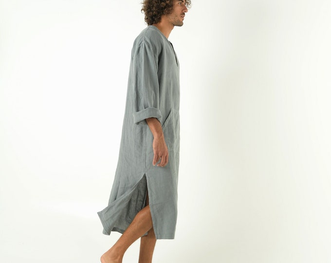 Linen MAN caftan/dress. CLASSICO MIDI. Sage Grey pure linen tunic for men. Simple, contemporary, comfortable design with front pocket.