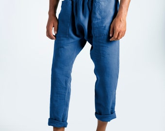 Linen trousers for men. PETRA PANTS. Blue pure linen Pants for men. Simple, contemporary, comfortable, quality soft linen.