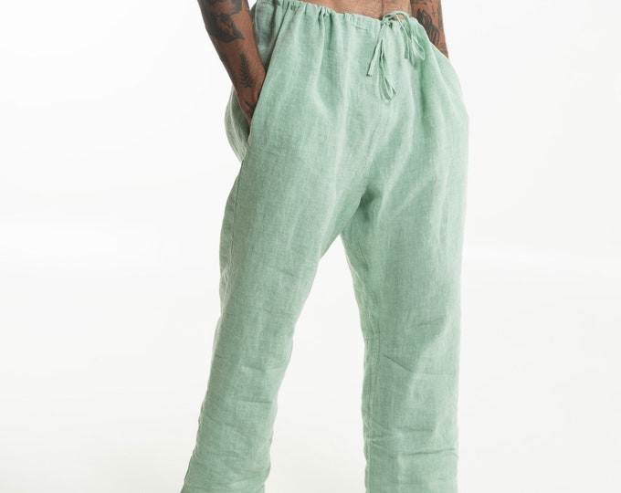 Absinth Green Linen Men's Pants | Tailored Fit Casual Trousers for Versatile Comfort | Takiyu Loungewear TAKIYU MAN PANTS