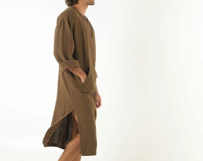 Linen Man caftan/dress. CLASSICO MIDI. Cocoa BROWN pure linen tunic for men. Simple, contemporary, comfortable design with front pocket.