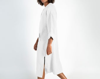 Linen MAN claftan/dress. CLASSICO MIDI. White pure linen tunic for men. Simple, contemporary, comfortable design with front pocket.