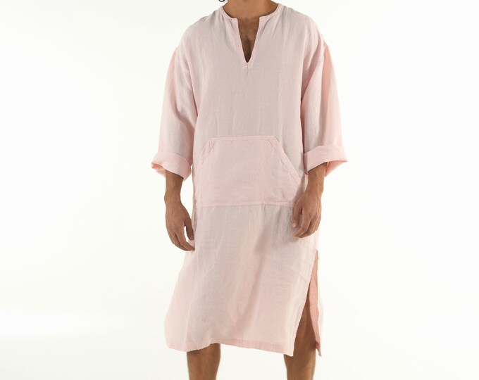 Linen Man caftan/dress. CLASSICO MIDI. Rose PINK pure linen tunic for men. Simple, contemporary, comfortable design with front pocket.