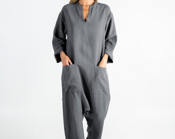 Womens linen jumpsuit grey. KYOTO. Lead GREY linen overall. Front pockets. OVERSIZED