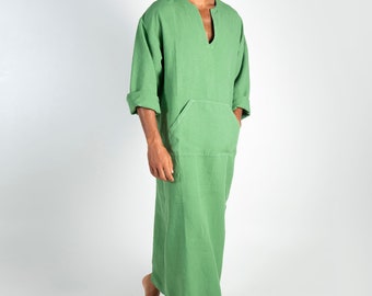 Linen MAN caftan/dress. CLASSICO. Roman Green pure linen tunic for men. Ultra soft 100% linen.