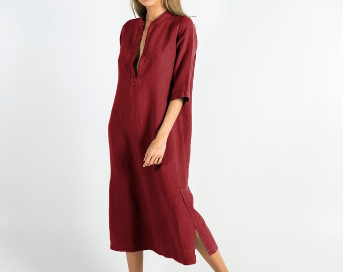 Classic Linen Dress ANCIENT RED Mid Length Half Sleeve Stylish Elegant Minimal Summer Work Casual Outfit Vegan Clothing Her