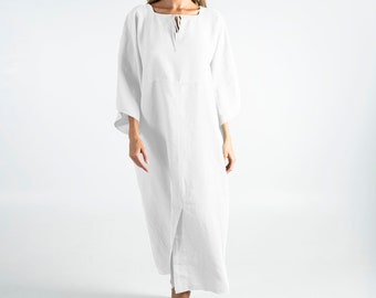 Summer linen clothing for women. MYSTIQUE Bright WHITE pure linen caftan. Oversized loose fit. ONESIZE. Simple, contemporary, comfortable.