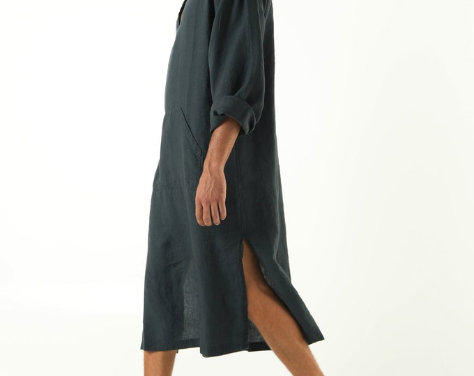 Linen MAN caftan/dress. CLASSICO MIDI. Anthracite Black pure linen tunic for men. Simple, comfortable design with front pocket.