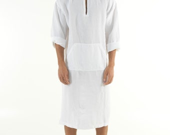 Linen MAN caftan/dress. CLASSICO MIDI. White pure linen tunic for men. Simple, contemporary, comfortable design with front pocket.