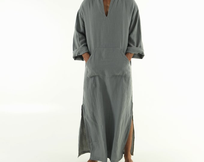 Linen MAN caftan/dress. CLASSICO. Sage Grey pure linen tunic for men. Ultra soft 100% linen.