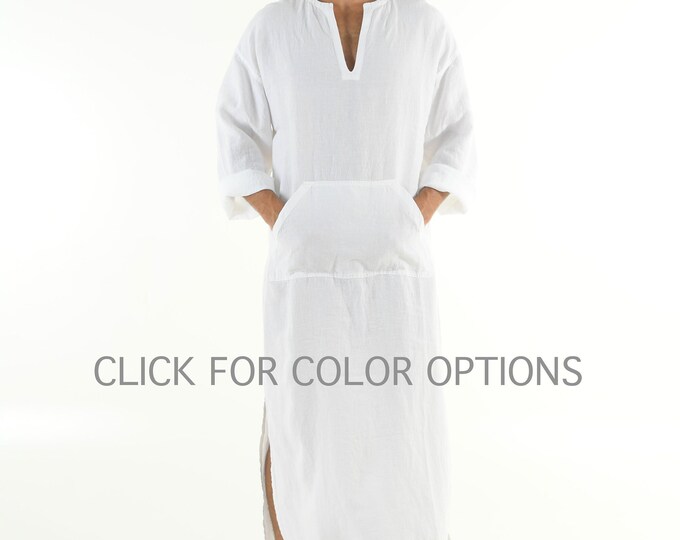Men’s Kaftan with Kangaroo Pocket COLOR SELECTIONS Linen Summer Dress Long with Side Slits Light Breathable Thobe Loungewear CLASSICO