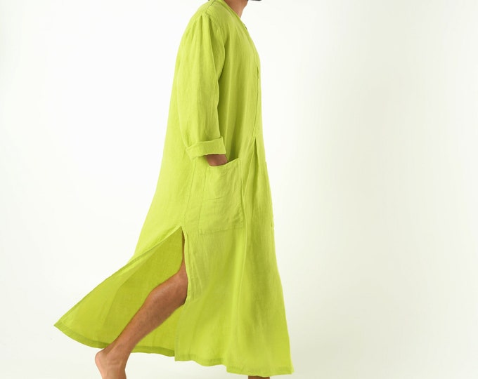 Men’s Linen Kaftan LIME GREEN Long Sleeve Loose Fit Side Split Thobe with Pocket Casual Loungewear Spa Lightweight Tunic Moroccan Robe