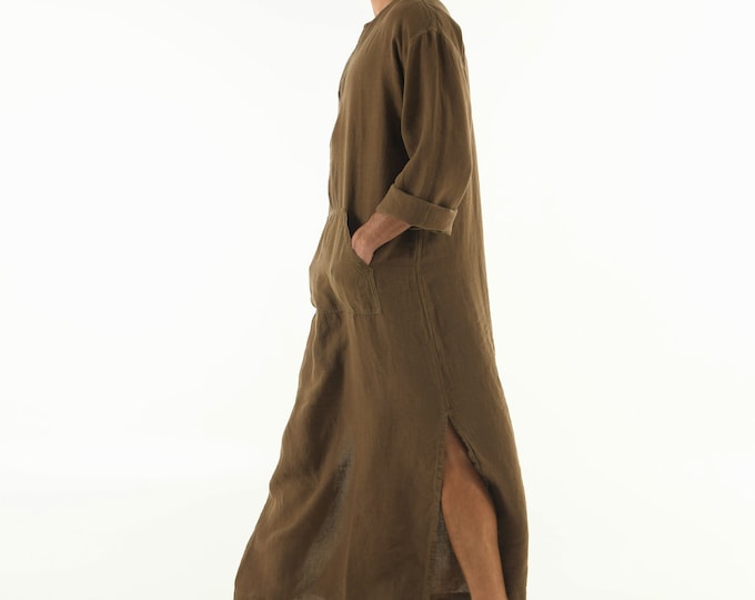 Linen MAN caftan/dress. CLASSICO. Cocoa BROWN pure linen tunic for men. Ultra soft 100% linen.