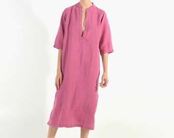 Classic Linen Dress GRAPES PURPLE Mid Length Half Sleeve Stylish Elegant Minimal Summer Work Casual Outfit Vegan Clothing Her