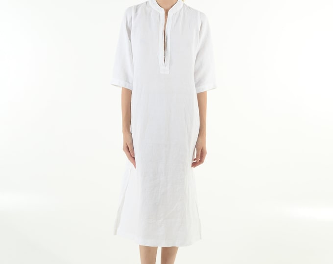 Summer Linen Dress. JASMINE. Bright WHITE.  Pure soft linen. Middle length. Half sleeves.