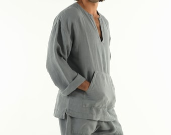 Linen top for men. PETRA TOP. Sage GREY pure linen Tunic for men. Simple, contemporary, comfortable, quality soft linen.