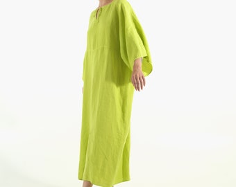 Soft Linen Dress/caftan MYSTIQUE Lime GREEN pure linen caftan. Oversized loose fit. ONESIZE. Simple, contemporary, comfortable.