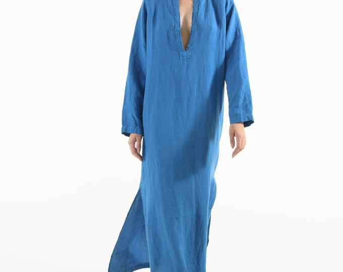 Long Linen Dress EMMA. BLUE long linen shirtdress. Simple, elegant, cool caftan.